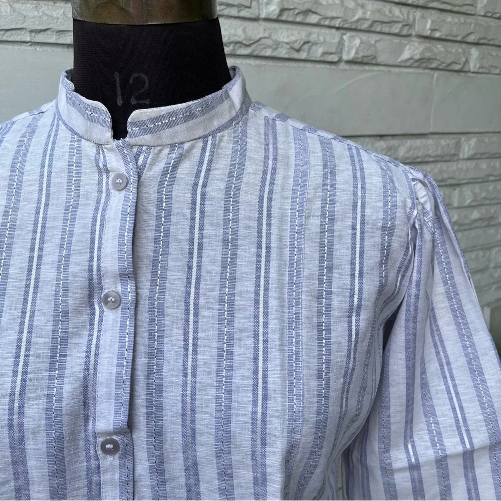 Blue White Striped Half Sleeves Shirt with lace panel at back - Picture 2 of 5